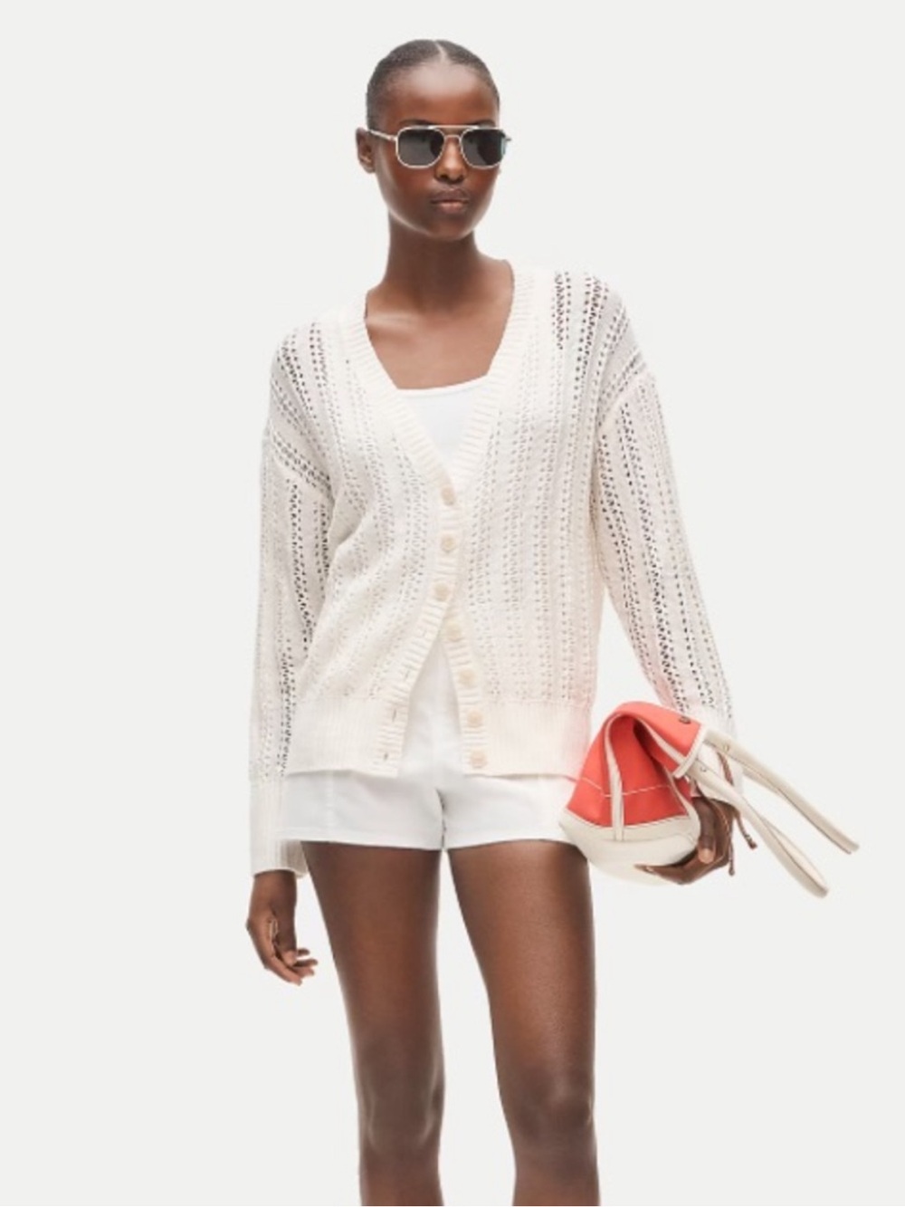 NEW J. Crew Pointelle V-neck cardigan in Ivory XS Relaxed fit linen blend CT977